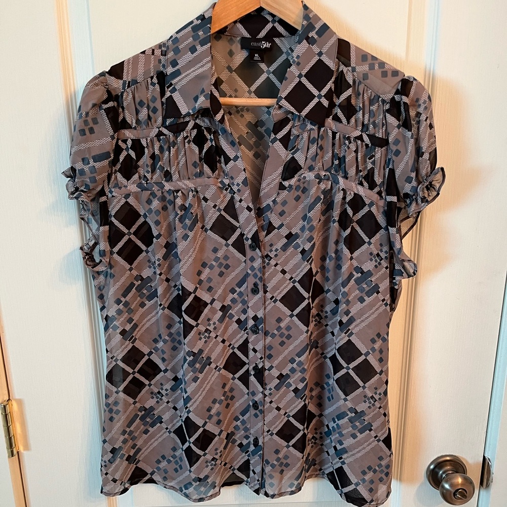 Gray, black and teal geometric blouse